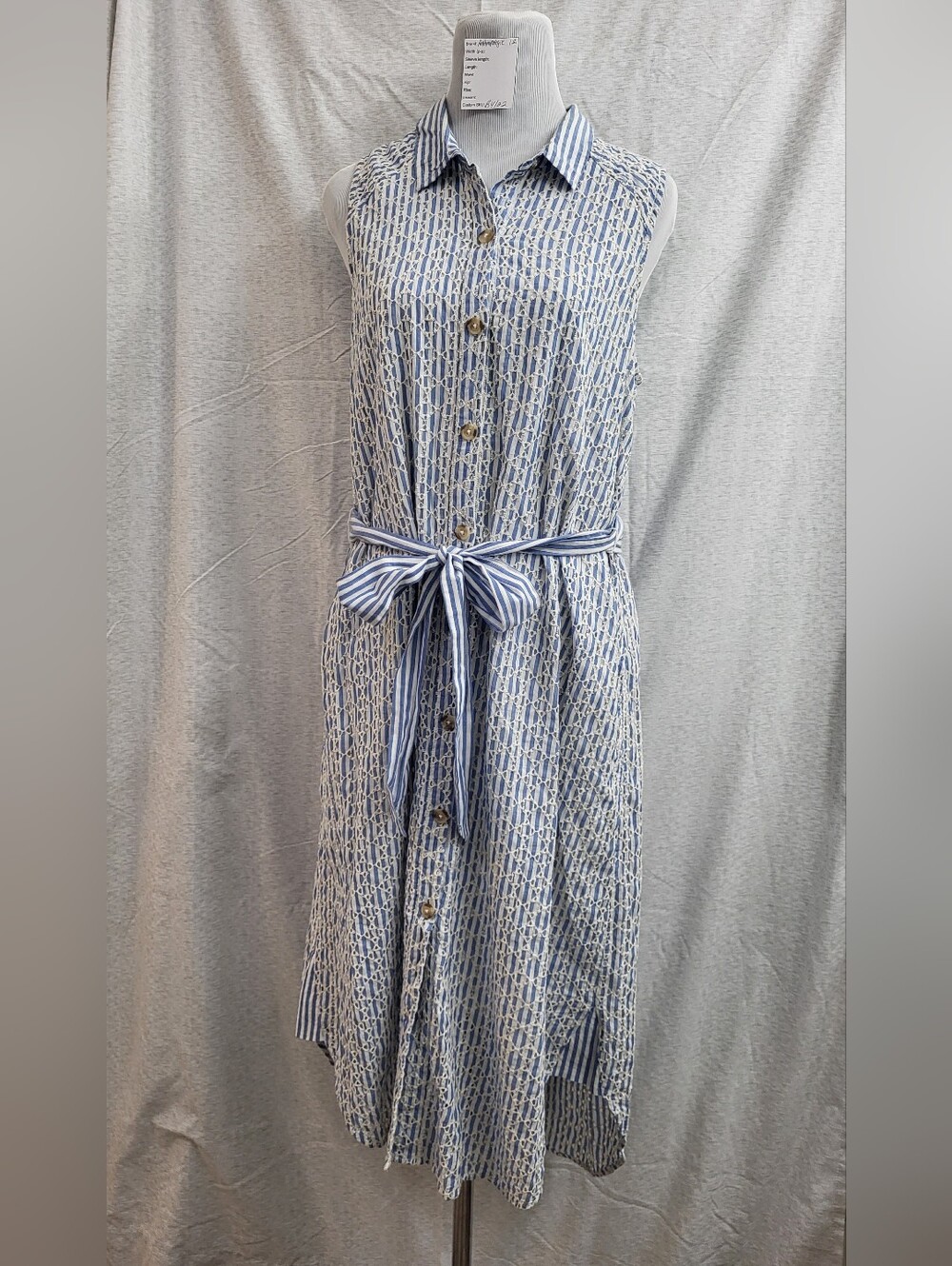 Anthropologie Stripe Sleeveless Button Embroidered Eyelet Blue White Dress Sz 12
